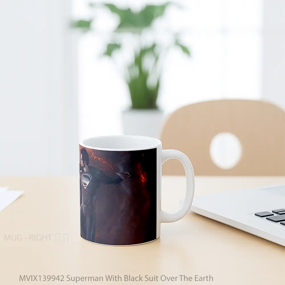 Mug Superman With Black Suit Over The Earth Gelas Superhero - All-side / Desain