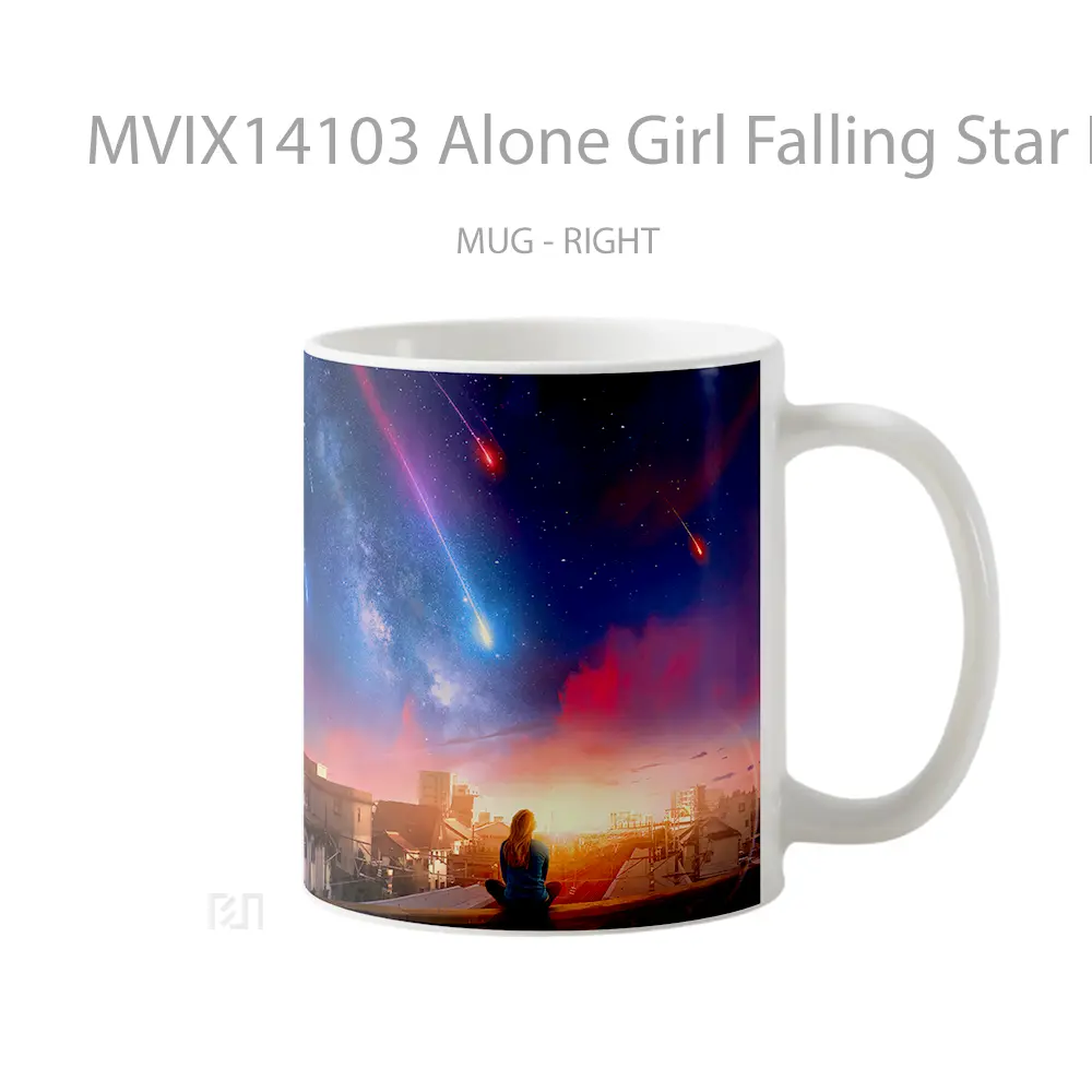 Mug Alone Girl Falling Star Night Sky City Milky Way Scenery Digital Art Gelas Pemandangan Alam - All-side / Desain