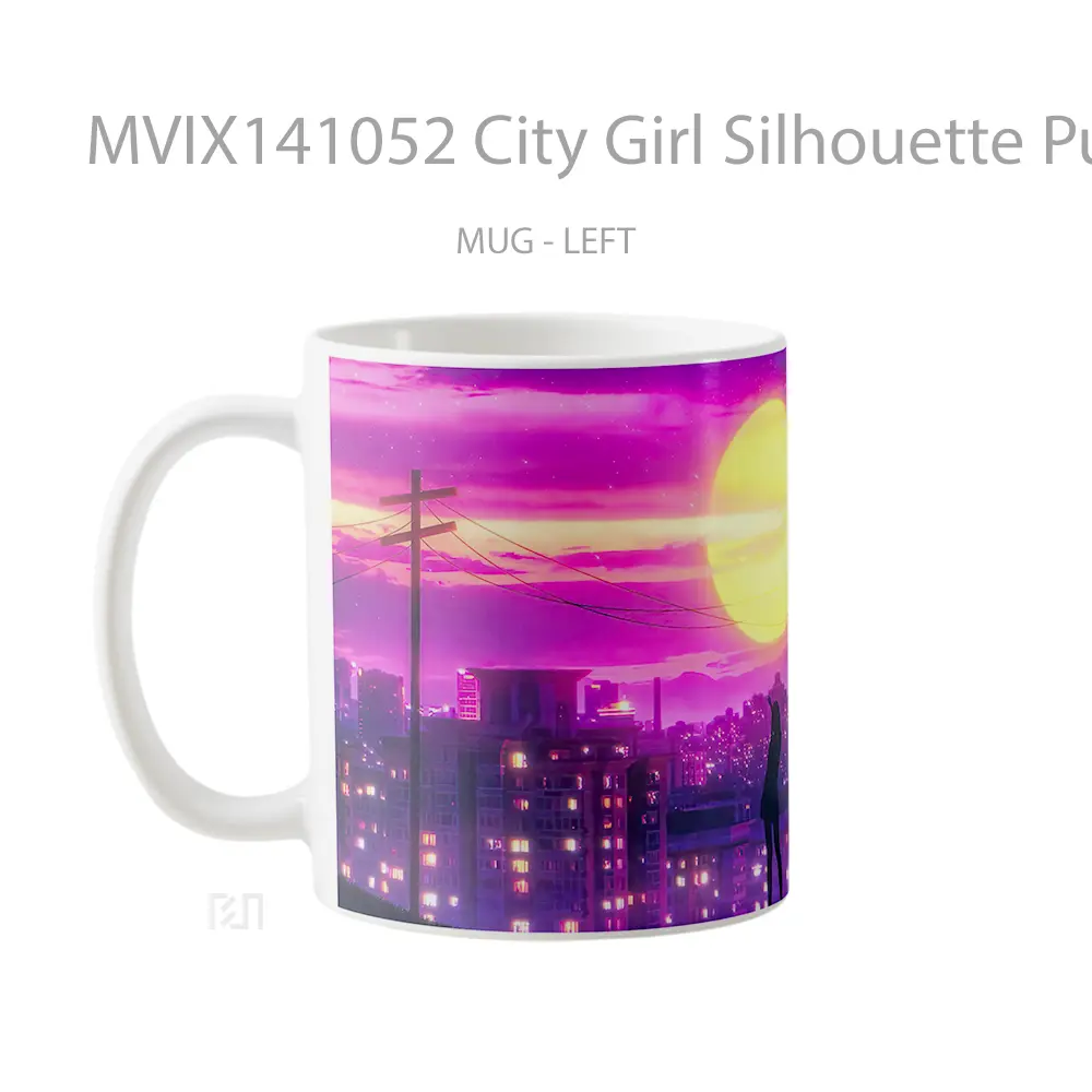 Mug City Girl Silhouette Purple Sky Moon Gelas Pemandangan Alam - All-side / Desain