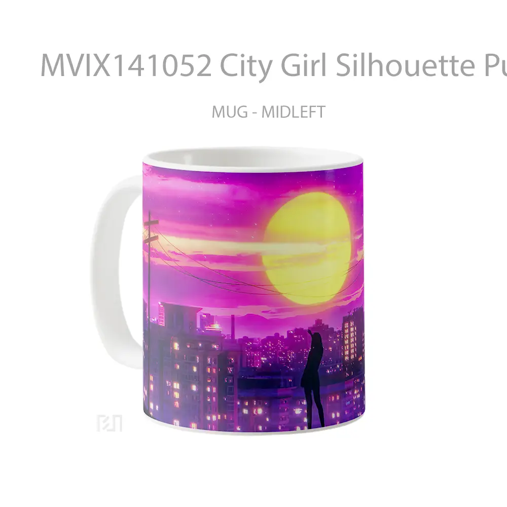 Mug City Girl Silhouette Purple Sky Moon Gelas Pemandangan Alam - All-side / Desain