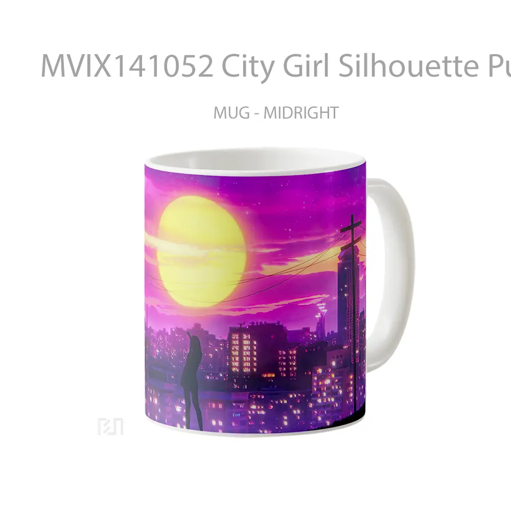 Mug City Girl Silhouette Purple Sky Moon Gelas Pemandangan Alam - All-side / Desain