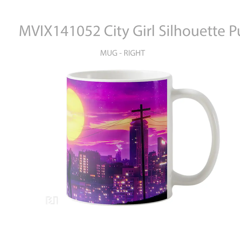 Mug City Girl Silhouette Purple Sky Moon Gelas Pemandangan Alam - All-side / Desain