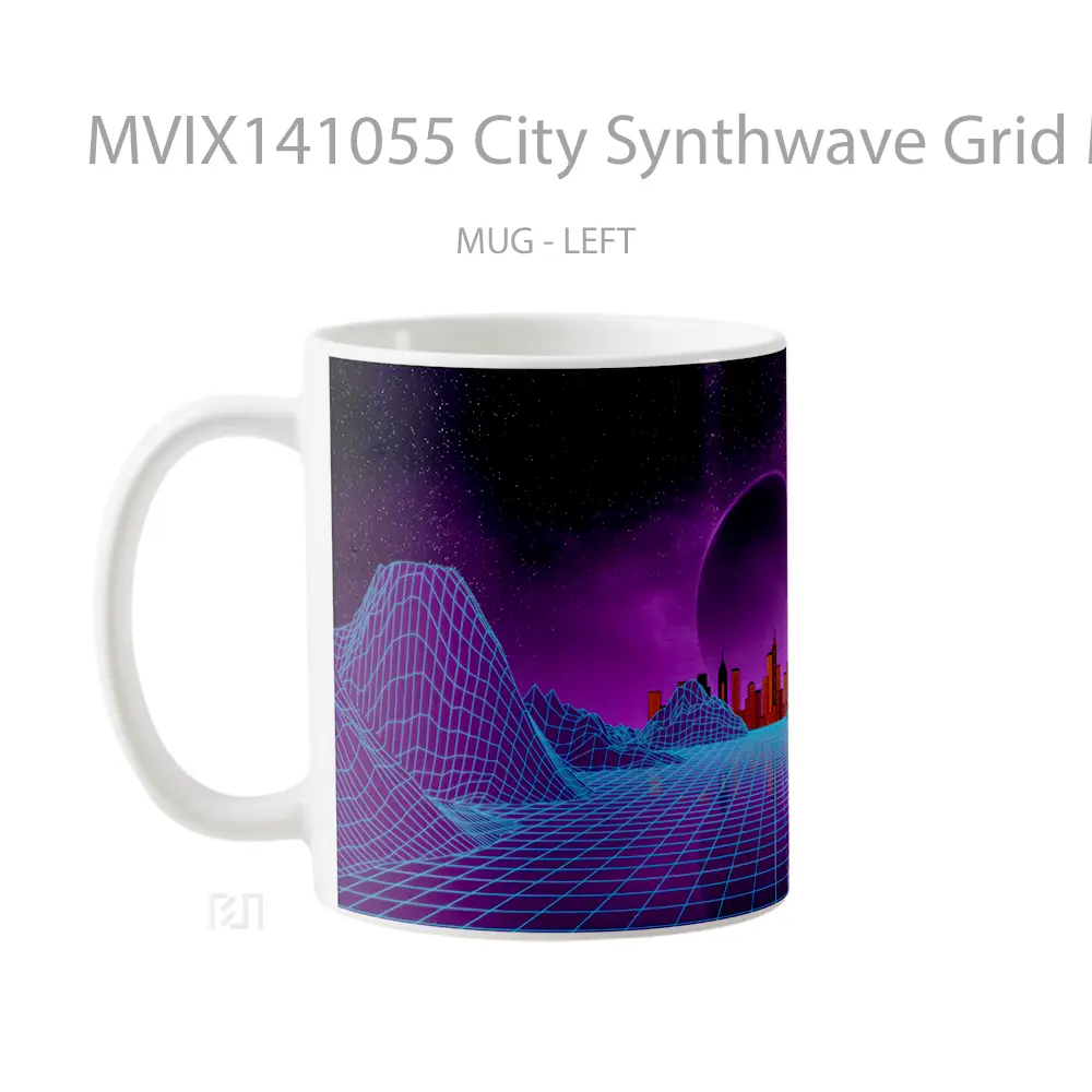 Mug City Synthwave Grid Moon Digital Art Gelas Keramik Unik - All-side / Desain