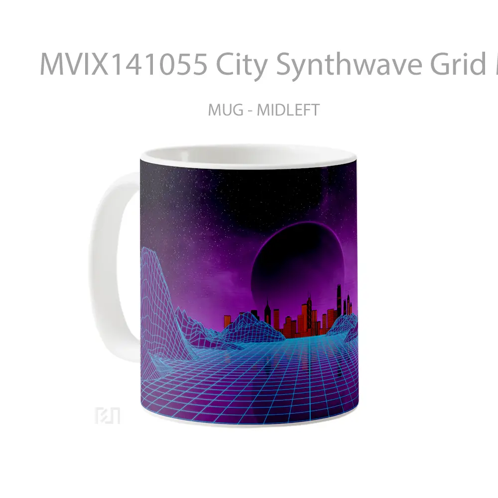 Mug City Synthwave Grid Moon Digital Art Gelas Keramik Unik - All-side / Desain