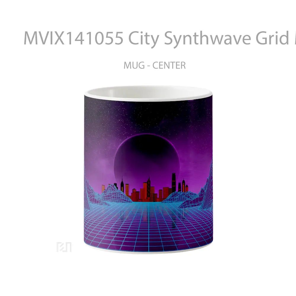 Mug City Synthwave Grid Moon Digital Art Gelas Keramik Unik