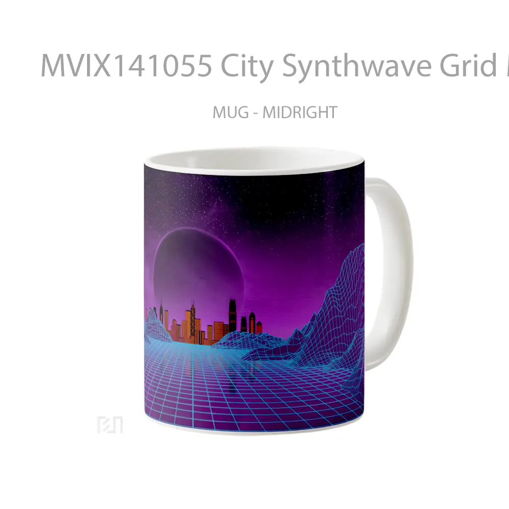 Mug City Synthwave Grid Moon Digital Art Gelas Keramik Unik - All-side / Desain