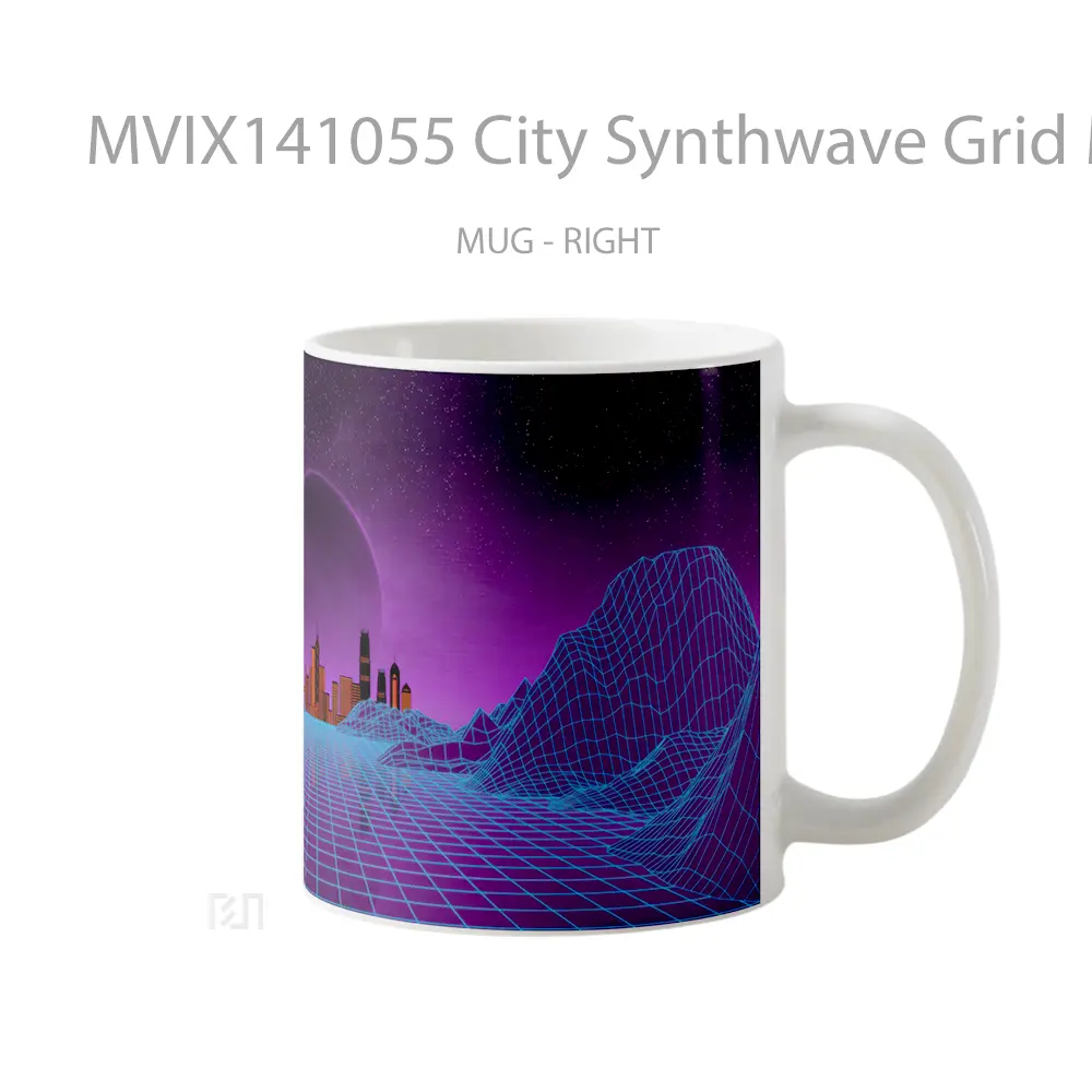 Mug City Synthwave Grid Moon Digital Art Gelas Keramik Unik - All-side / Desain