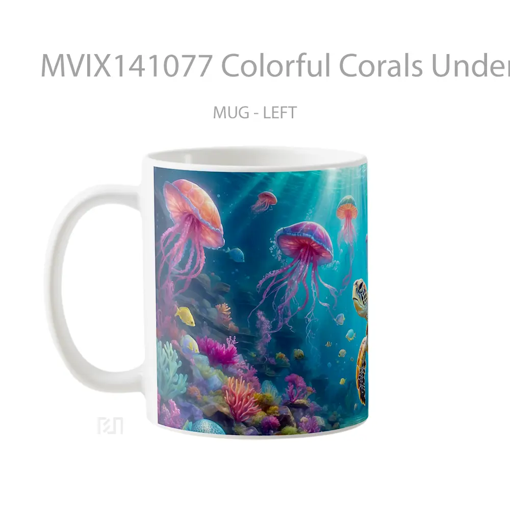 Mug Colorful Corals Underwater Scenery Turtle Jellyfish Digital Art Scenery Gelas Keramik Unik - All-side / Desain