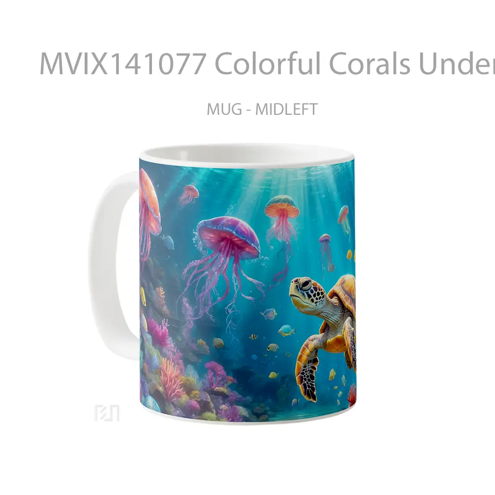 Mug Colorful Corals Underwater Scenery Turtle Jellyfish Digital Art Scenery Gelas Keramik Unik - All-side / Desain
