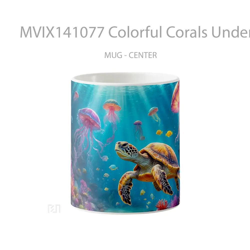 Mug Colorful Corals Underwater Scenery Turtle Jellyfish Digital Art Scenery Gelas Keramik Unik