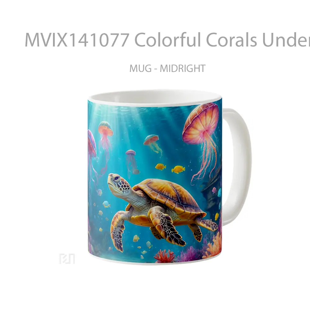 Mug Colorful Corals Underwater Scenery Turtle Jellyfish Digital Art Scenery Gelas Keramik Unik - All-side / Desain