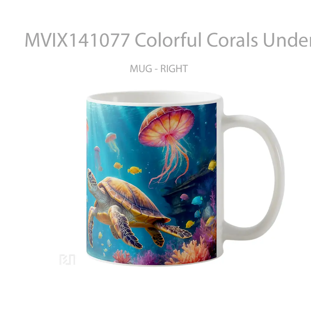 Mug Colorful Corals Underwater Scenery Turtle Jellyfish Digital Art Scenery Gelas Keramik Unik - All-side / Desain
