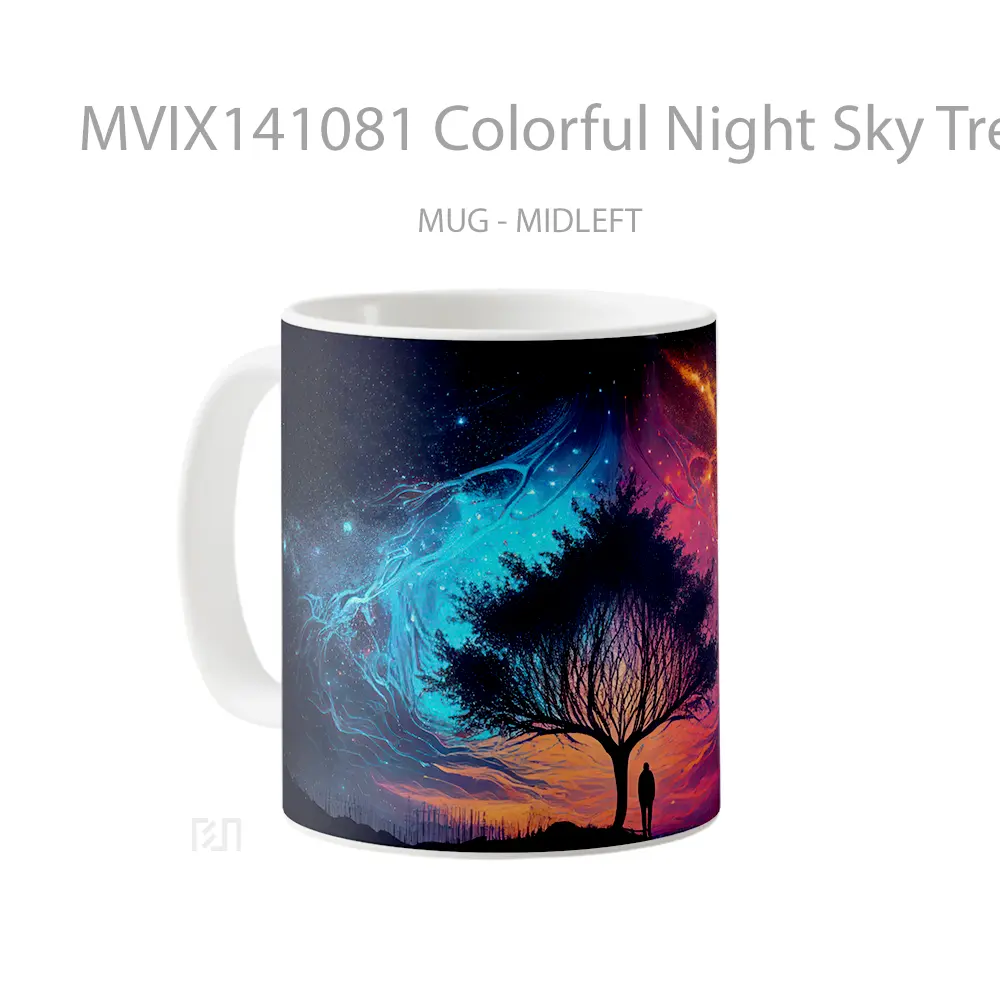 Mug Colorful Night Sky Tree Silhouette Ai Art Gelas Pemandangan Alam - All-side / Desain