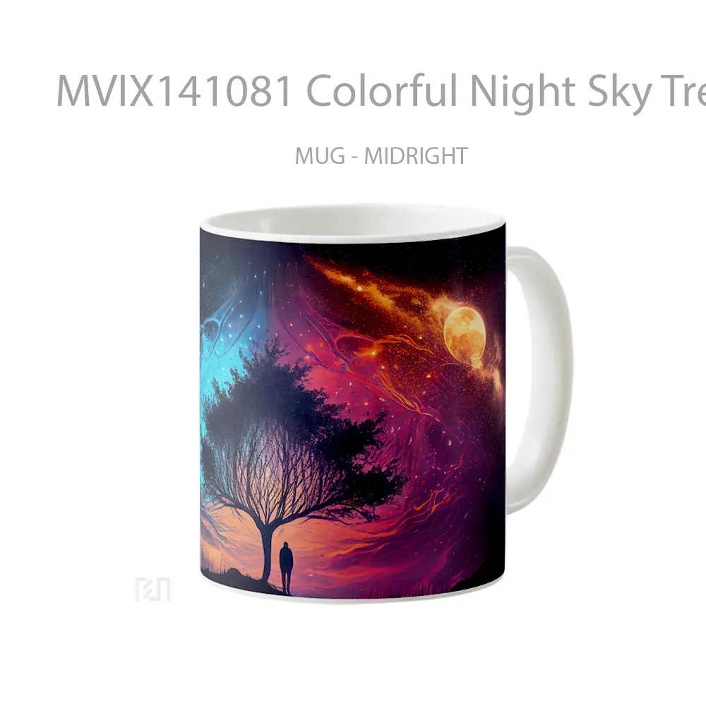 Mug Colorful Night Sky Tree Silhouette Ai Art Gelas Pemandangan Alam - All-side / Desain