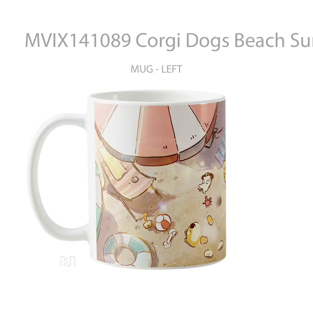 Mug Corgi Dogs Beach Sunbathing Digital Art Gelas Hewan Lucu - All-side / Desain