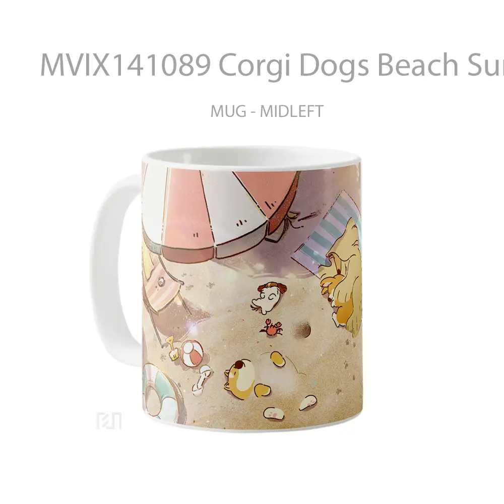 Mug Corgi Dogs Beach Sunbathing Digital Art Gelas Hewan Lucu - All-side / Desain