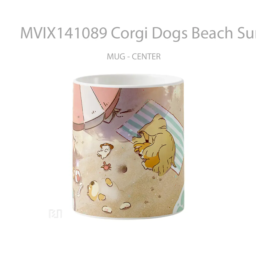 Mug Corgi Dogs Beach Sunbathing Digital Art Gelas Hewan Lucu