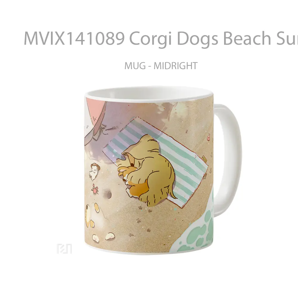 Mug Corgi Dogs Beach Sunbathing Digital Art Gelas Hewan Lucu - All-side / Desain