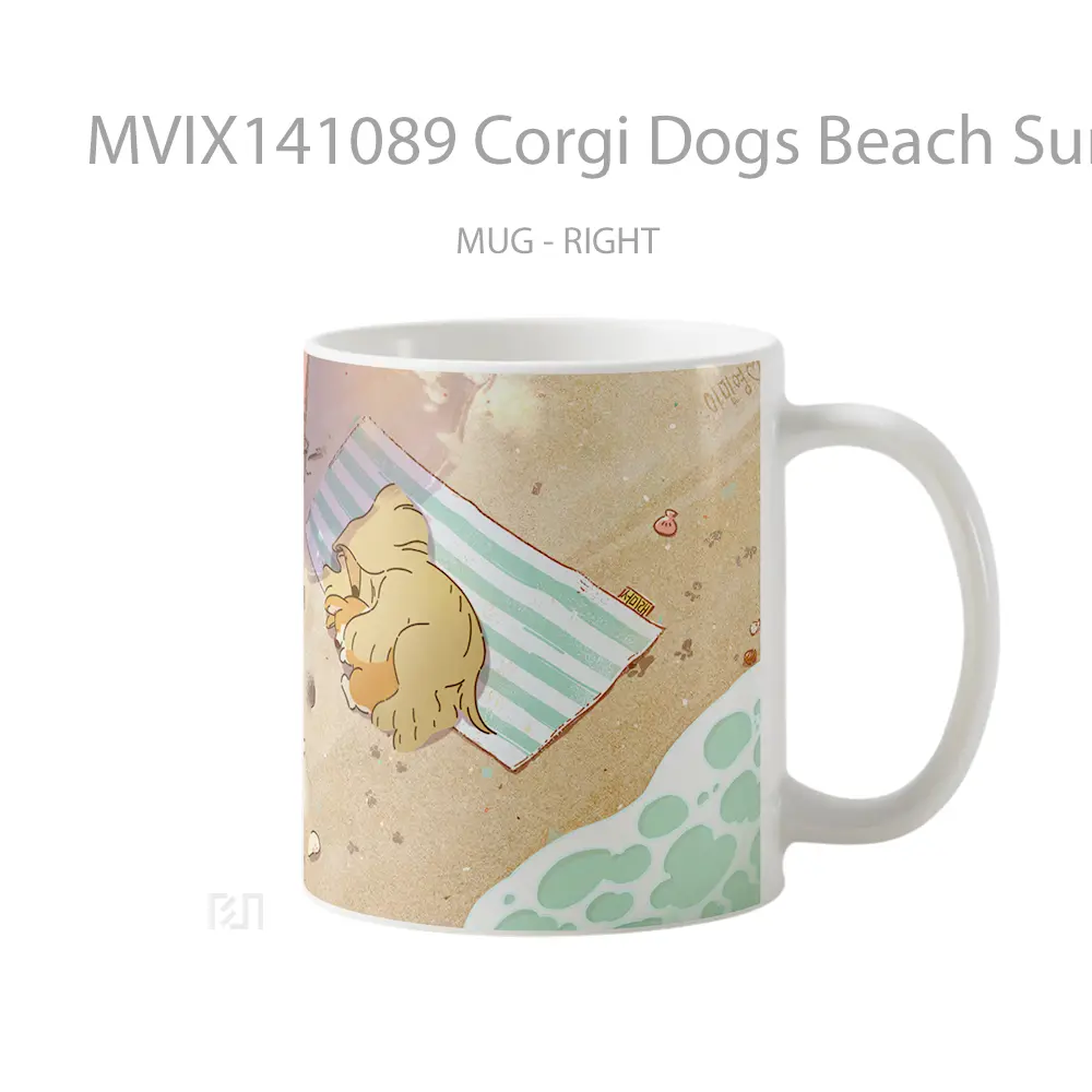 Mug Corgi Dogs Beach Sunbathing Digital Art Gelas Hewan Lucu - All-side / Desain