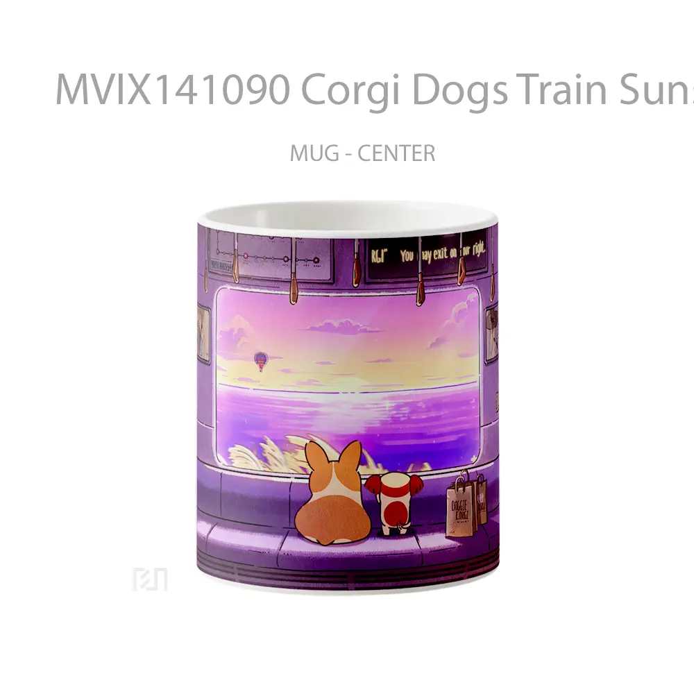 Mug Corgi Dogs Train Sunset Digital Art Gelas Hewan Lucu