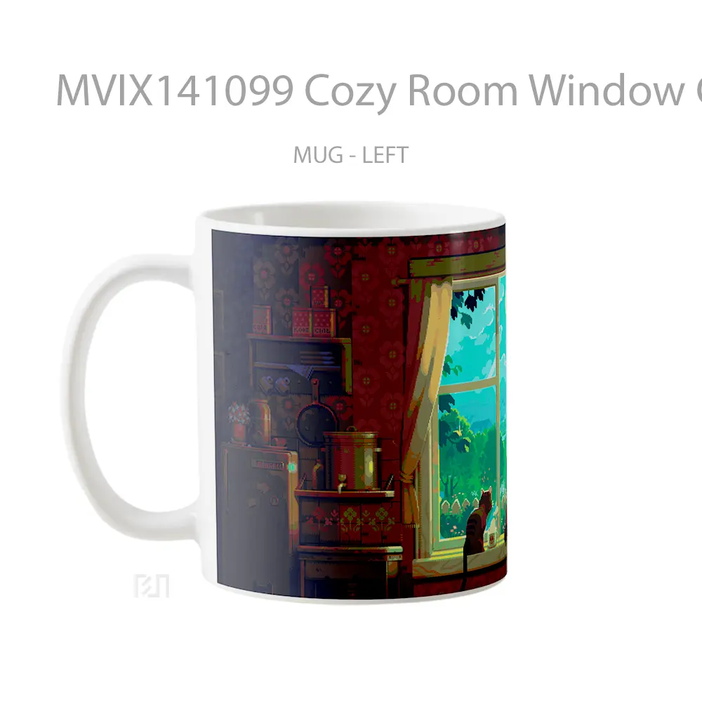 Mug Cozy Room Window Coffee Cat Pixel Art Gelas Hewan Lucu - All-side / Desain