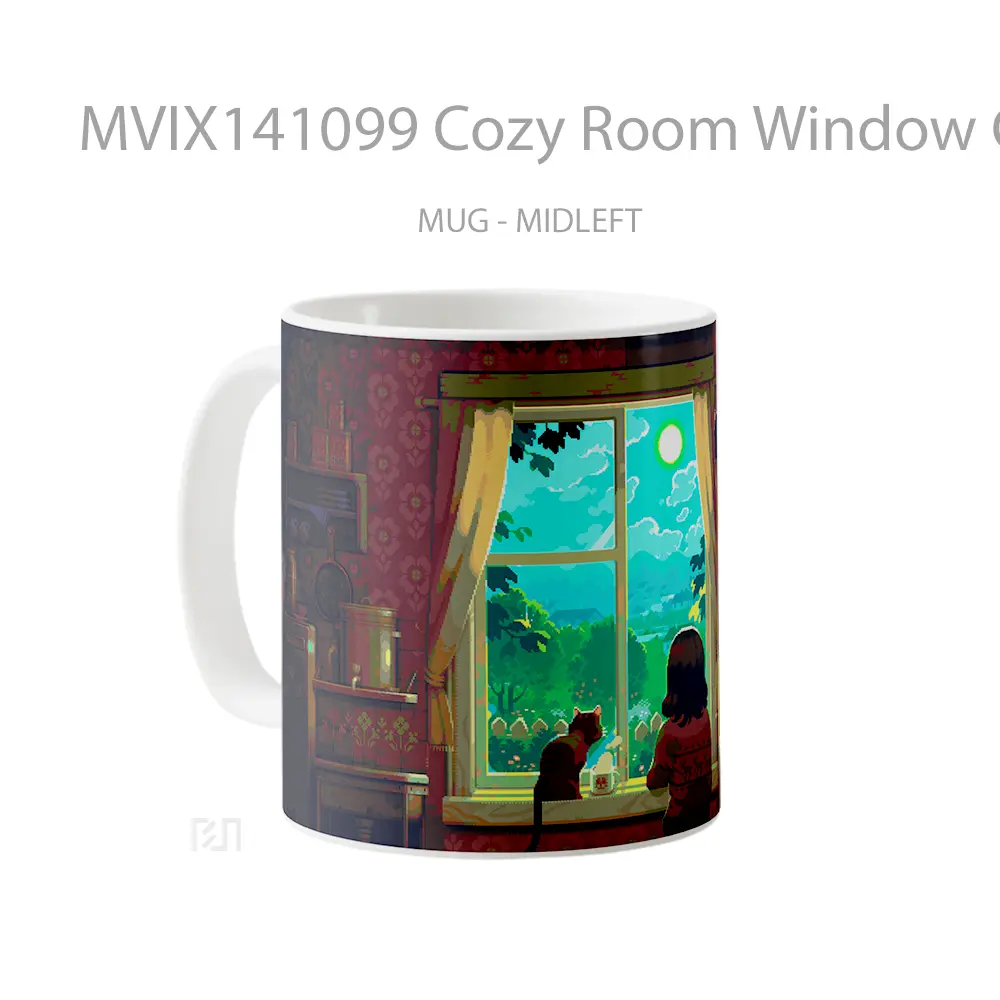 Mug Cozy Room Window Coffee Cat Pixel Art Gelas Hewan Lucu - All-side / Desain