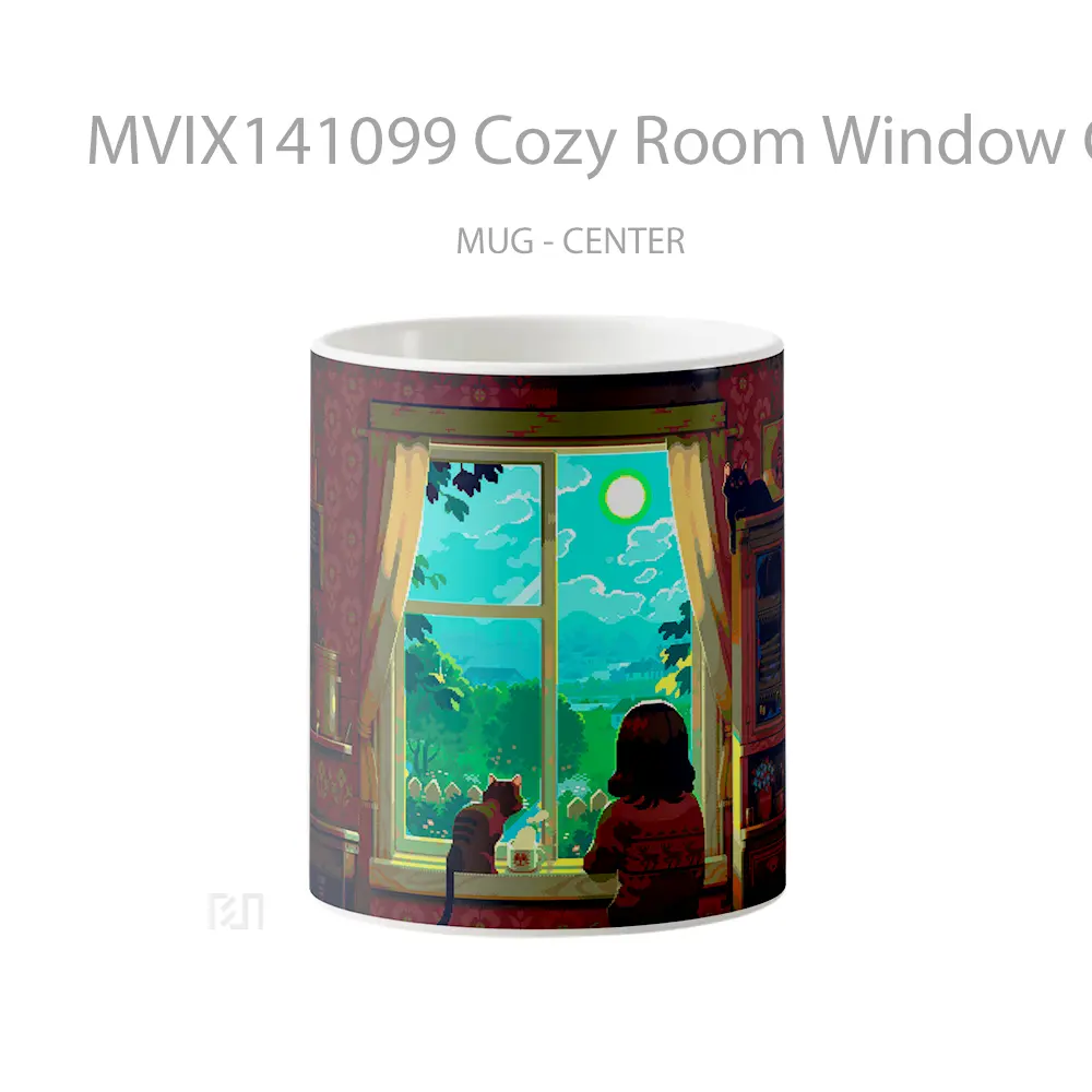 Mug Cozy Room Window Coffee Cat Pixel Art Gelas Hewan Lucu
