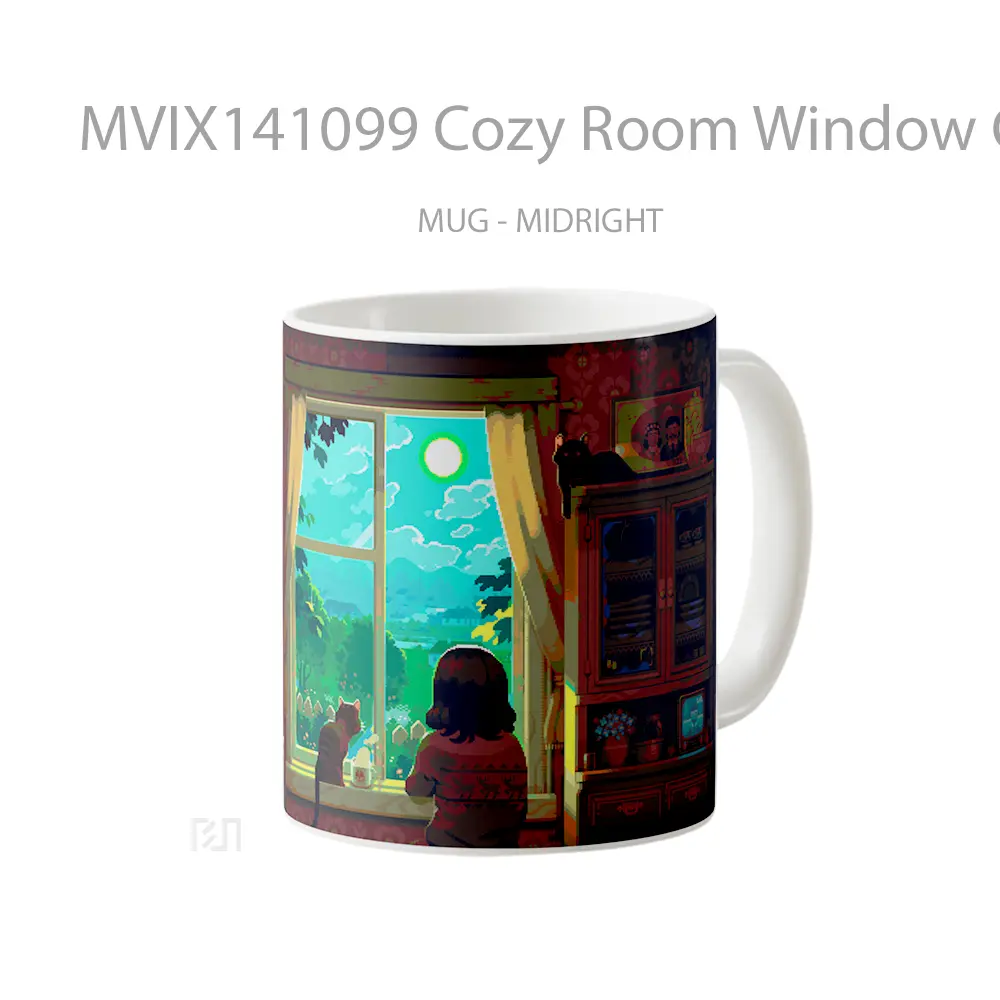 Mug Cozy Room Window Coffee Cat Pixel Art Gelas Hewan Lucu - All-side / Desain