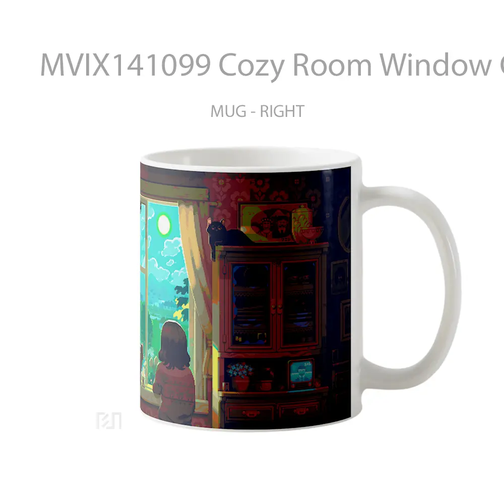 Mug Cozy Room Window Coffee Cat Pixel Art Gelas Hewan Lucu - All-side / Desain
