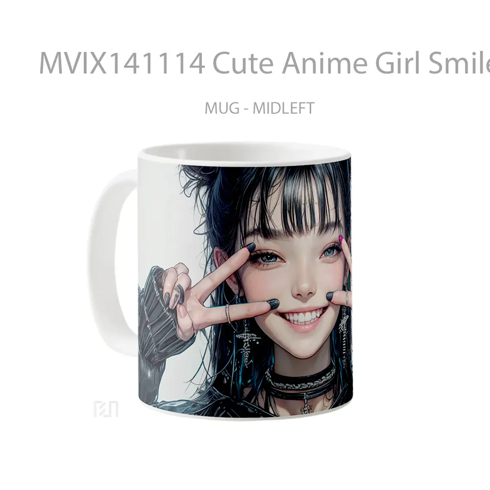 Mug Cute Anime Girl Smile Peace Sign Cangkir Anime - All-side / Desain