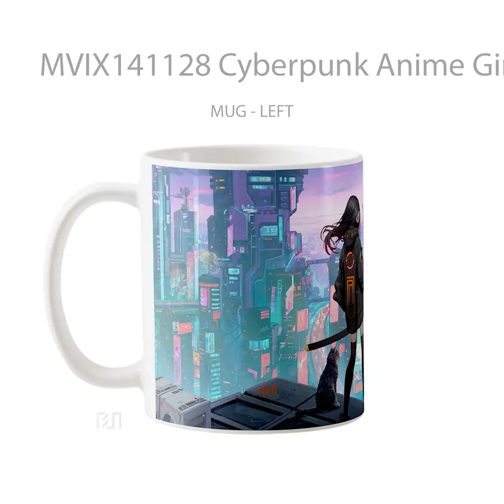 Mug Cyberpunk Anime Girl Cat Sci Fi City Gelas Hewan Lucu - All-side / Desain