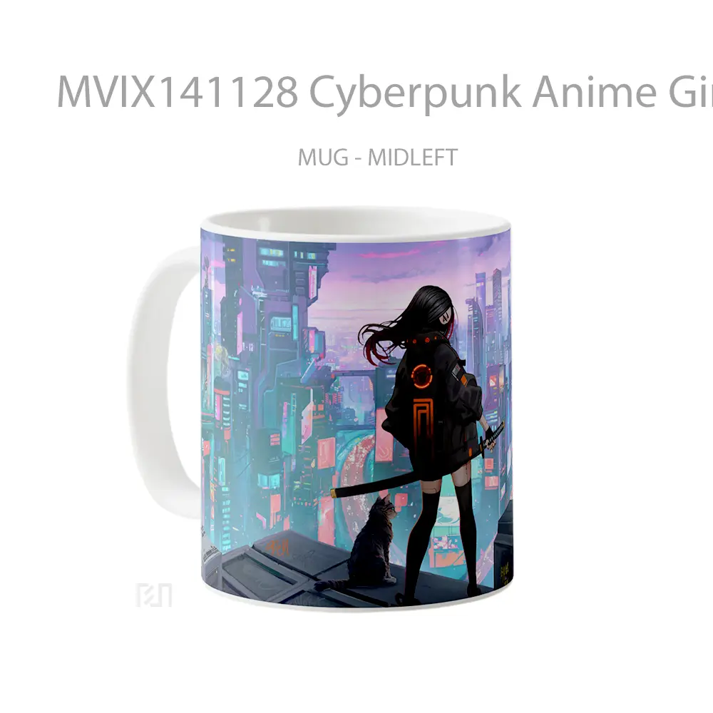 Mug Cyberpunk Anime Girl Cat Sci Fi City Gelas Hewan Lucu - All-side / Desain