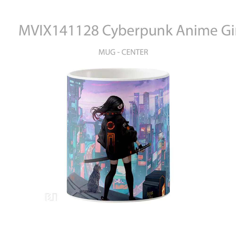 Mug Cyberpunk Anime Girl Cat Sci Fi City Gelas Hewan Lucu