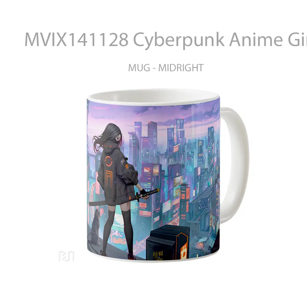 Mug Cyberpunk Anime Girl Cat Sci Fi City Gelas Hewan Lucu - All-side / Desain