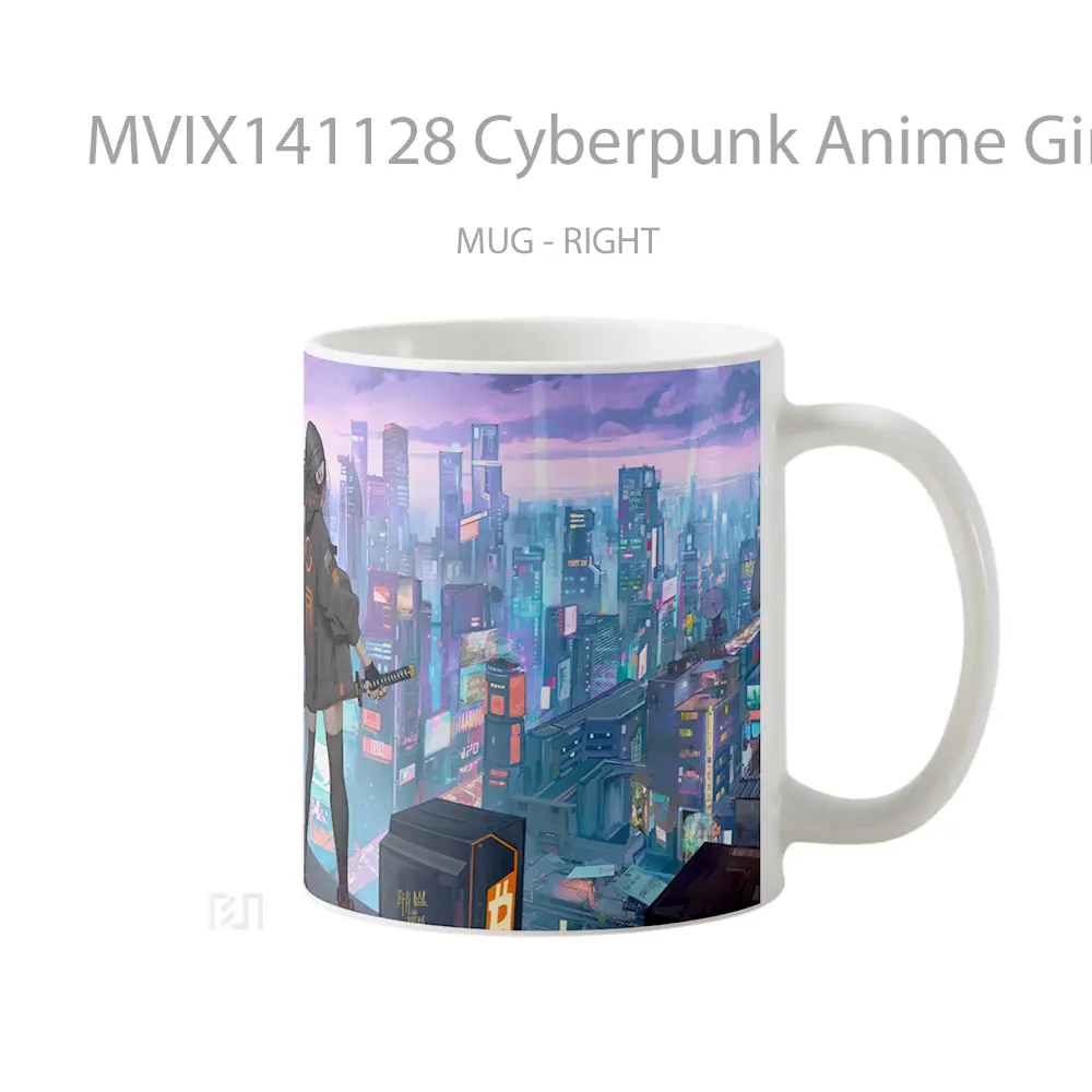 Mug Cyberpunk Anime Girl Cat Sci Fi City Gelas Hewan Lucu - All-side / Desain
