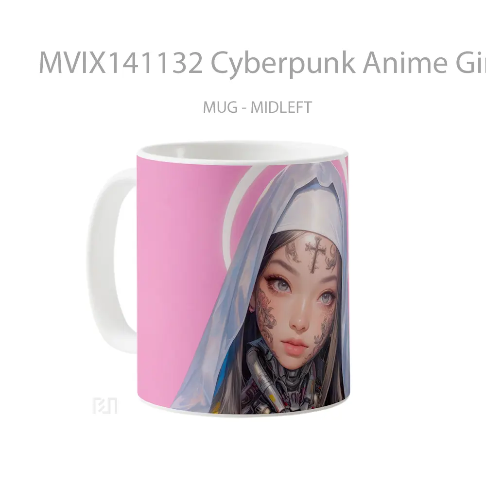 Mug Cyberpunk Anime Girl Nun With Tattoo Cangkir Anime - All-side / Desain