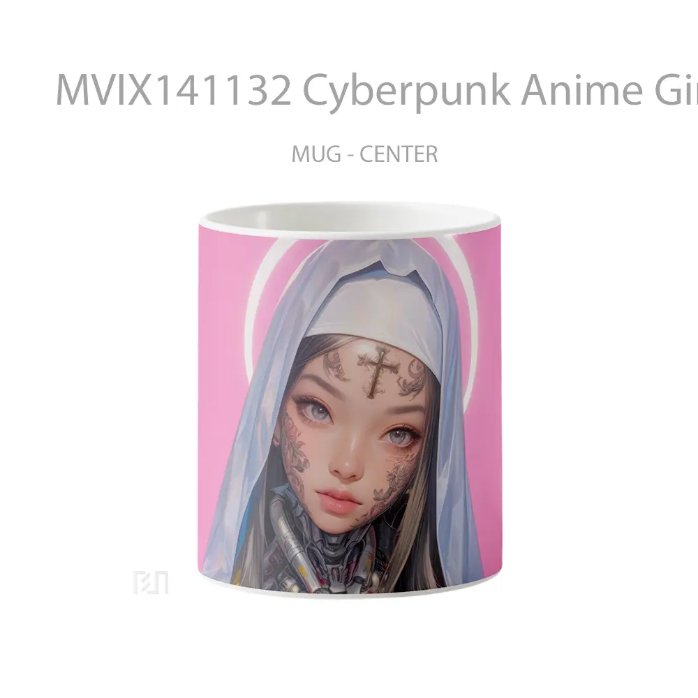 Mug Cyberpunk Anime Girl Nun With Tattoo Cangkir Anime