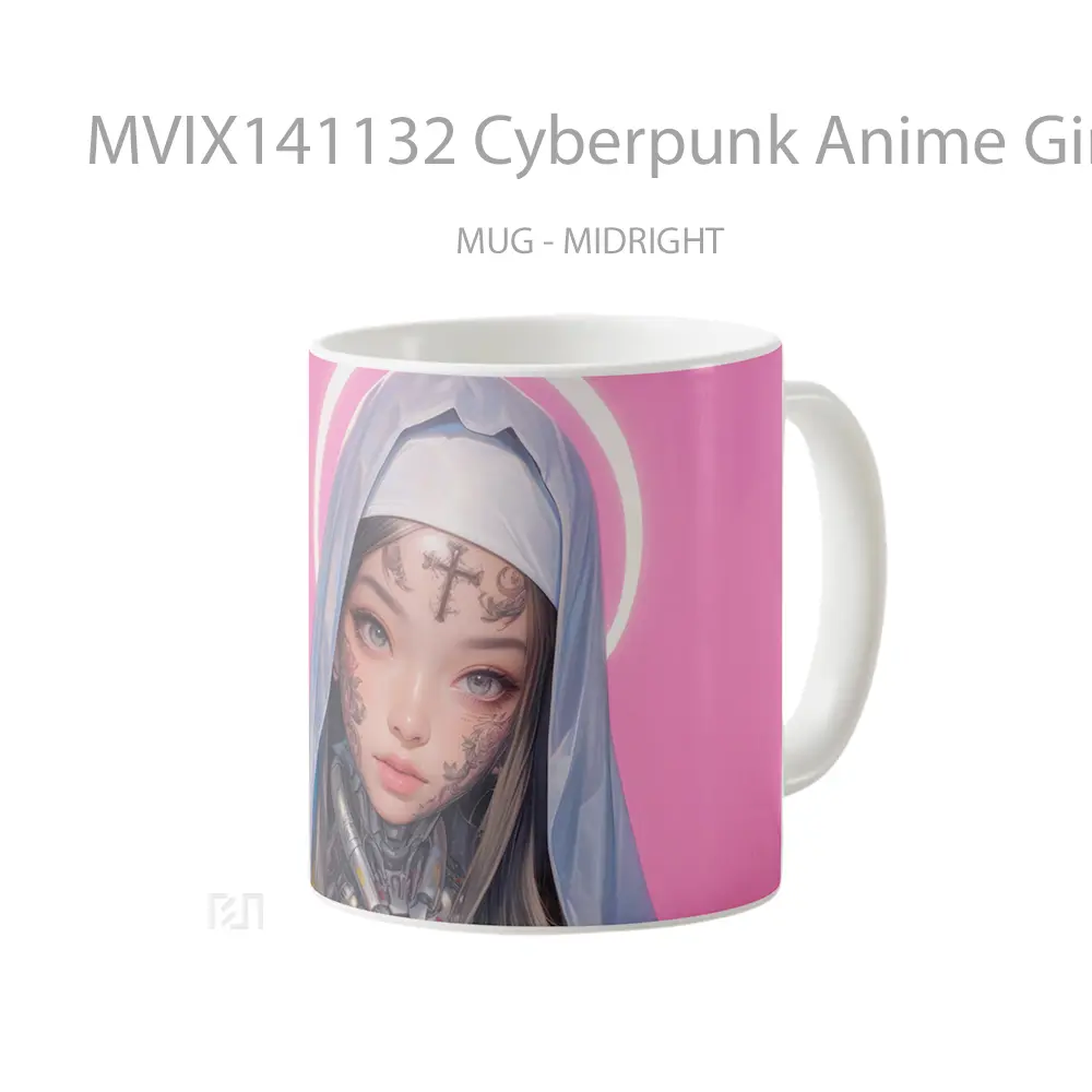 Mug Cyberpunk Anime Girl Nun With Tattoo Cangkir Anime - All-side / Desain