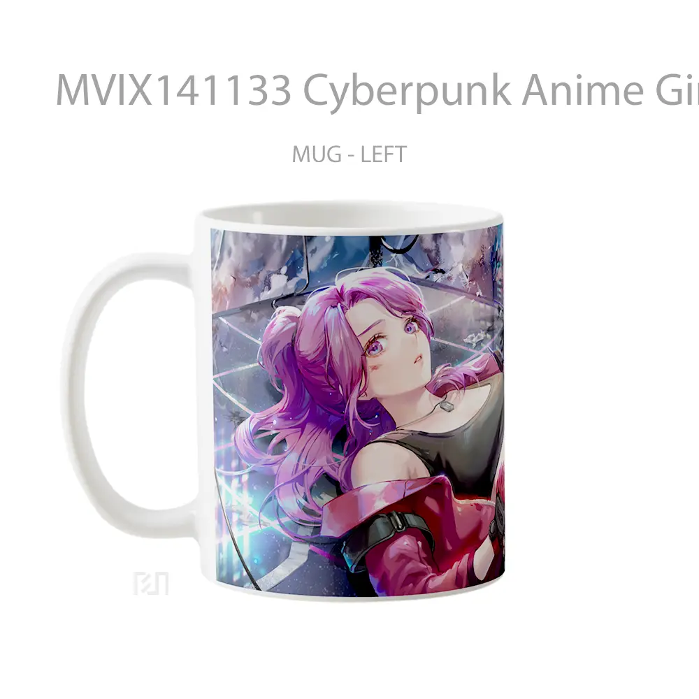 Mug Cyberpunk Anime Girl Purple Hai Cangkir Anime - All-side / Desain