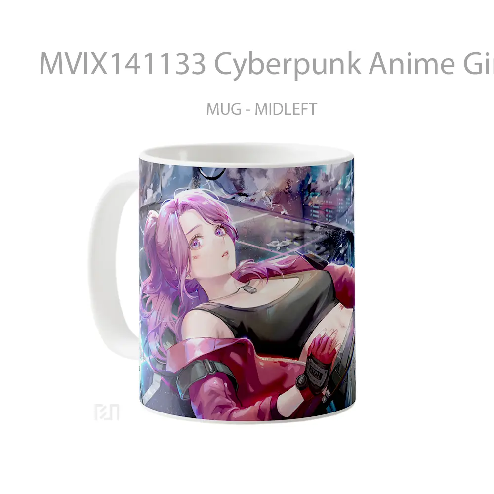 Mug Cyberpunk Anime Girl Purple Hai Cangkir Anime - All-side / Desain