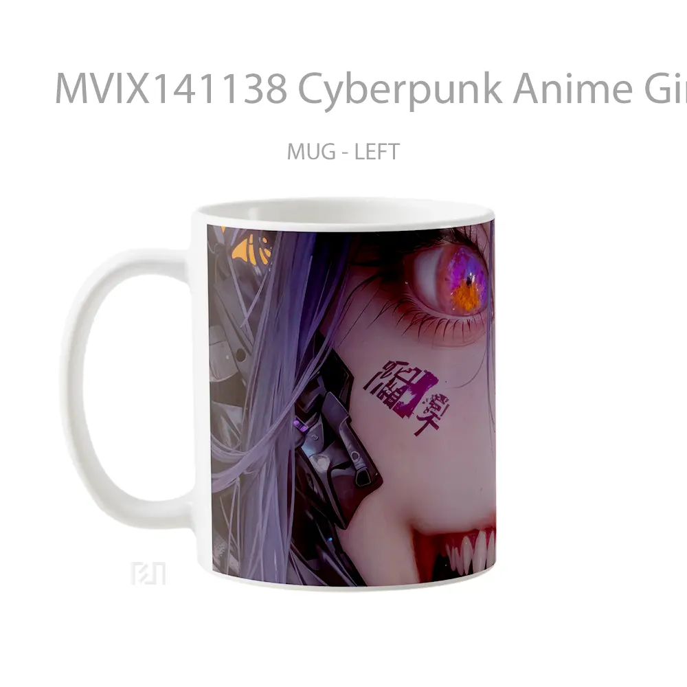 Mug Cyberpunk Anime Girl With Fangs Tongue Out Cangkir Anime - All-side / Desain