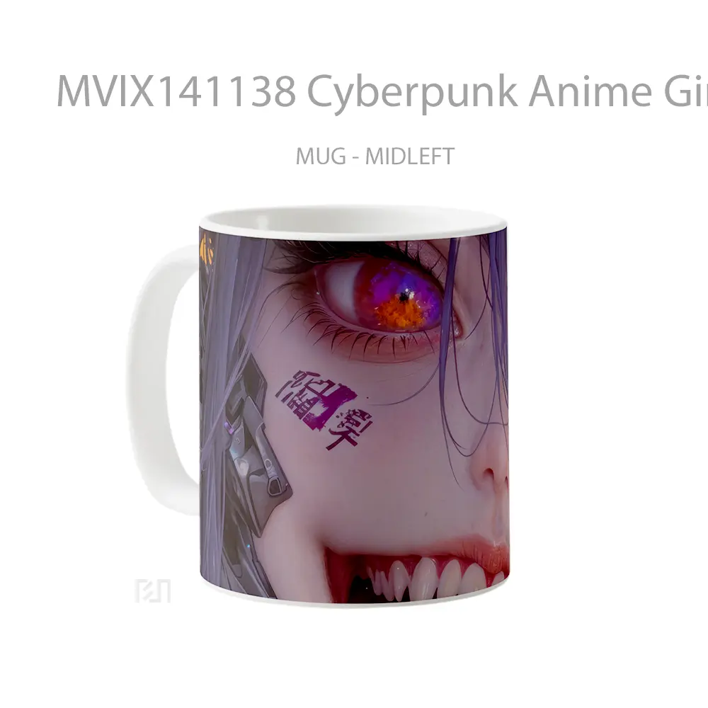 Mug Cyberpunk Anime Girl With Fangs Tongue Out Cangkir Anime - All-side / Desain