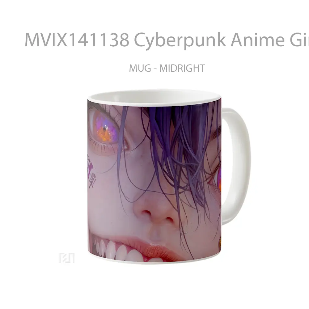 Mug Cyberpunk Anime Girl With Fangs Tongue Out Cangkir Anime - All-side / Desain