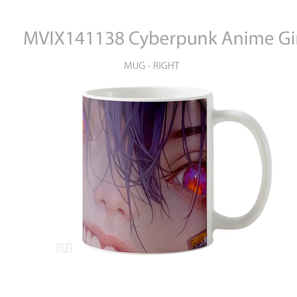 Mug Cyberpunk Anime Girl With Fangs Tongue Out Cangkir Anime - All-side / Desain