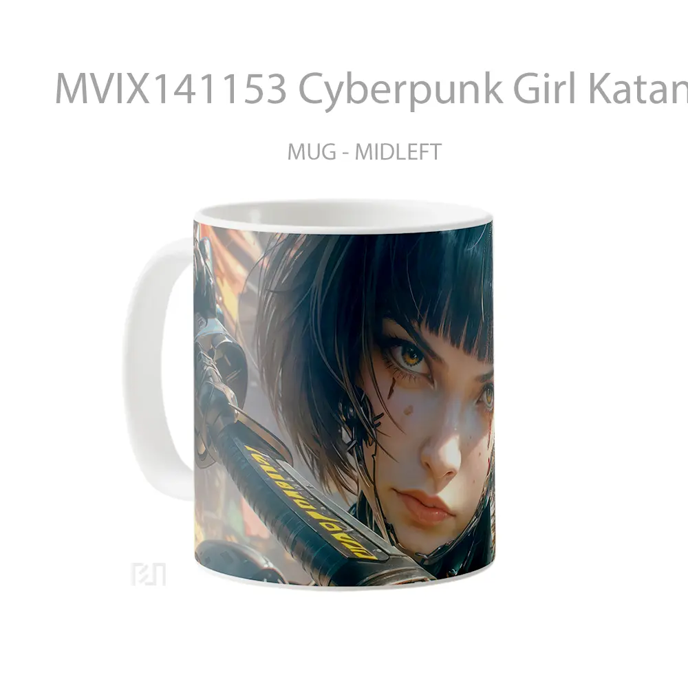 Mug Cyberpunk Girl Katana Sci Fi Gelas Keramik Unik - All-side / Desain