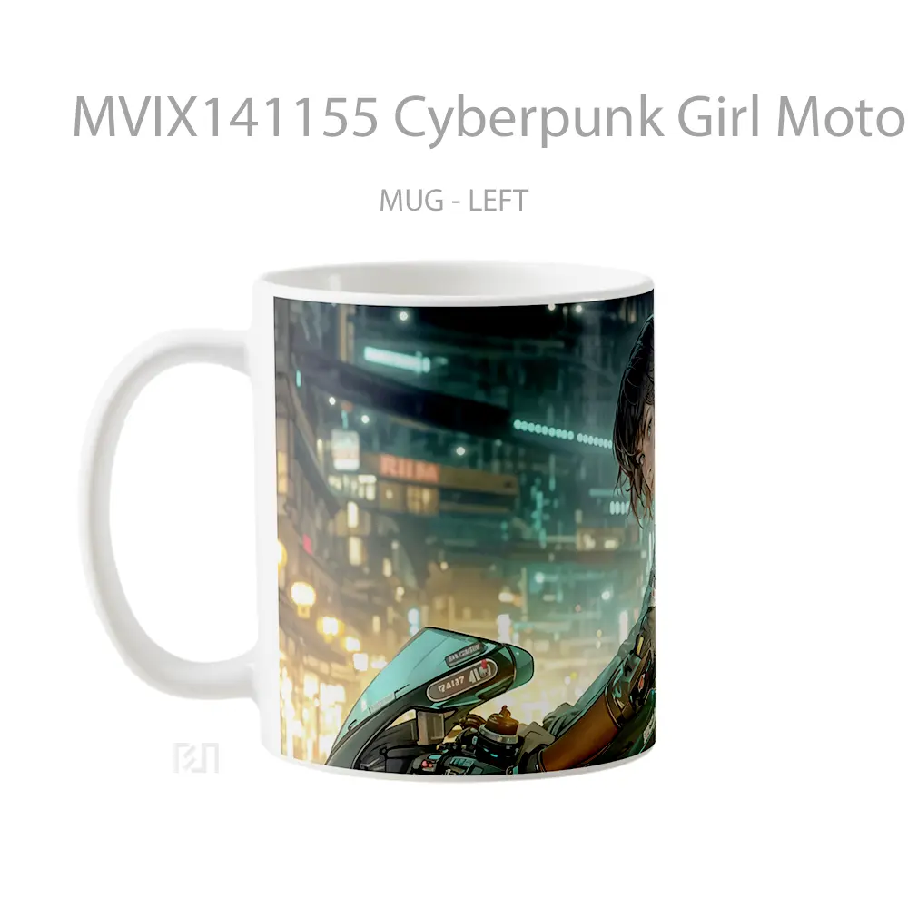 Mug Cyberpunk Girl Motorcycle Sci Fi Gelas Keramik Unik - All-side / Desain