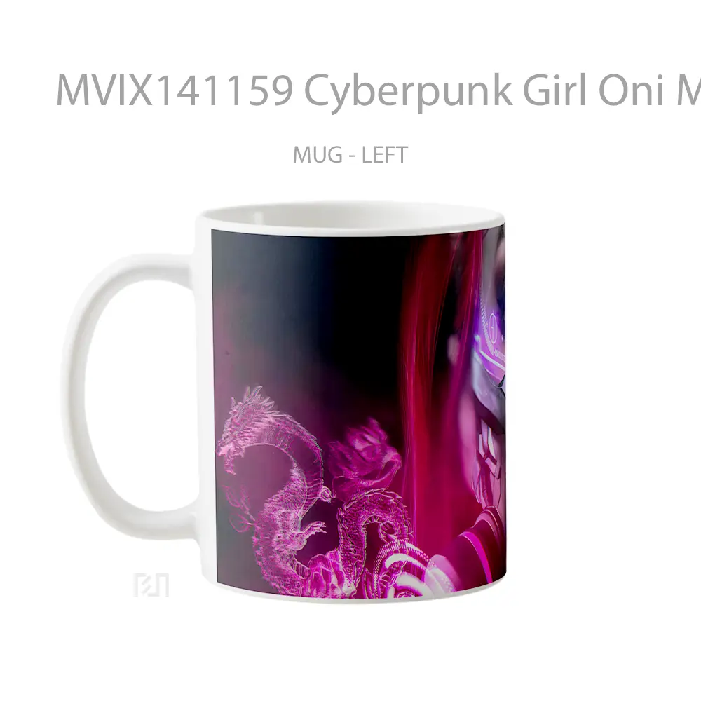 Mug Cyberpunk Girl Oni Mask Sci Fi Digital Art Gelas Keramik Unik - All-side / Desain