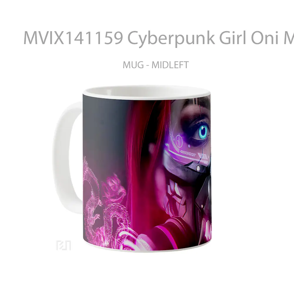 Mug Cyberpunk Girl Oni Mask Sci Fi Digital Art Gelas Keramik Unik - All-side / Desain