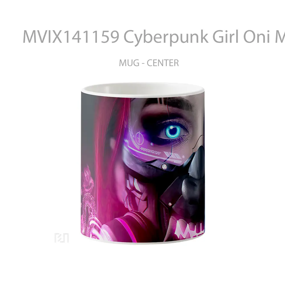 Mug Cyberpunk Girl Oni Mask Sci Fi Digital Art Gelas Keramik Unik