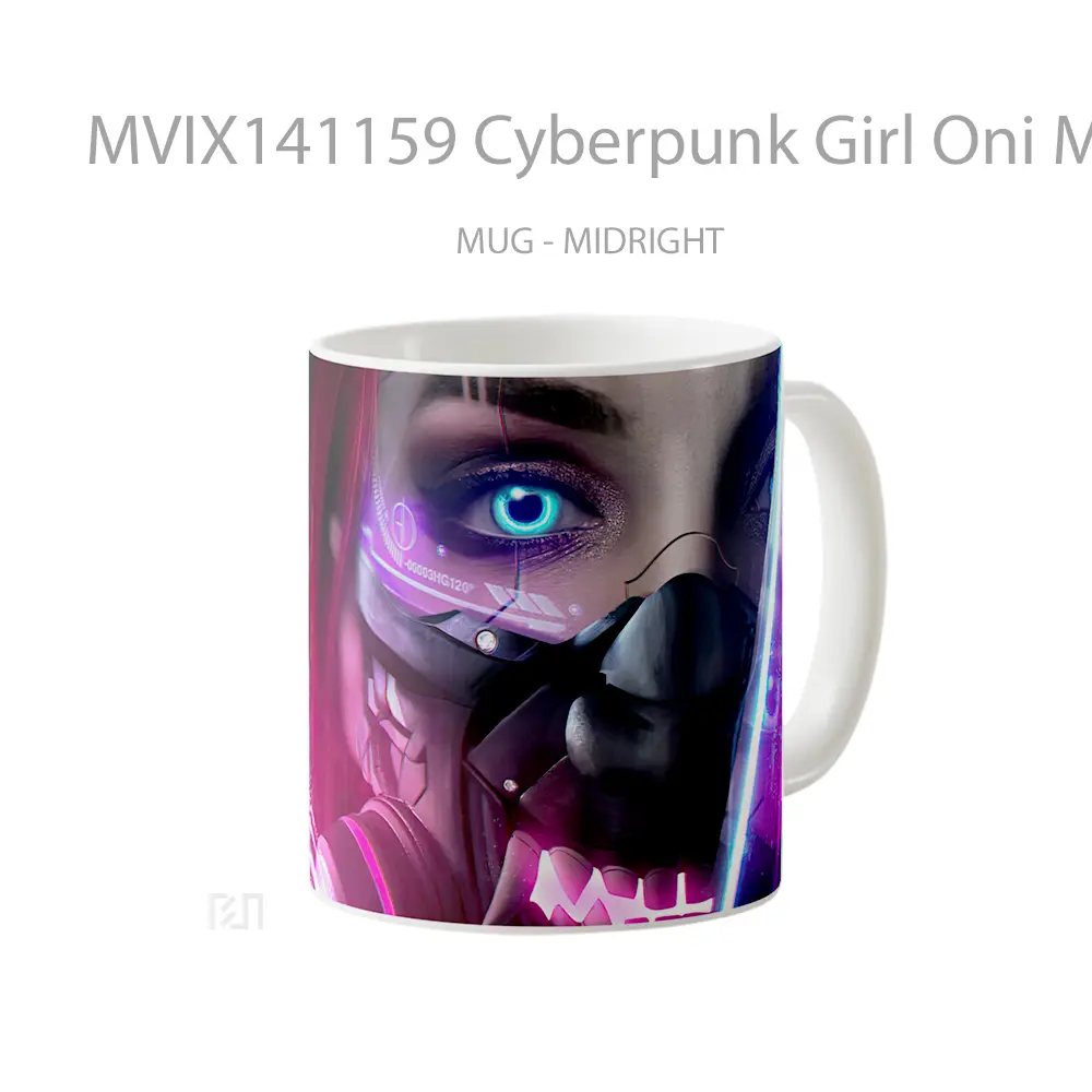 Mug Cyberpunk Girl Oni Mask Sci Fi Digital Art Gelas Keramik Unik - All-side / Desain